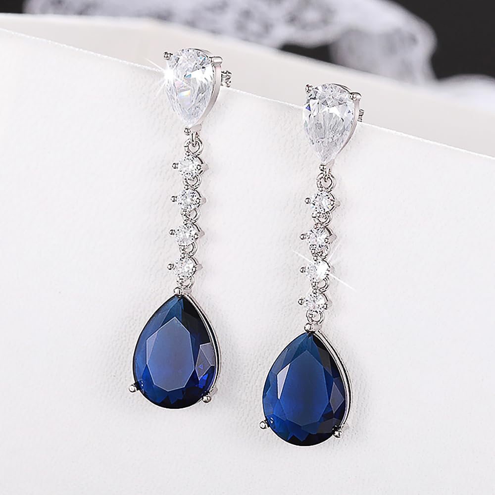 Elegant Pear Shaped Blue Cubic Zirconia Dangle Earrings Luxury Silver Color Jewe