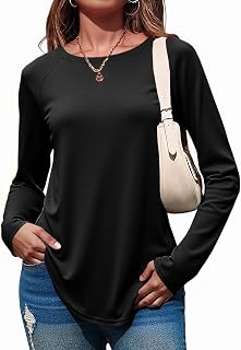 Tankaneo Women's Basic Long Sleeve Round Neck Shirts Loose Fit Curved Hem 2025 Clothes