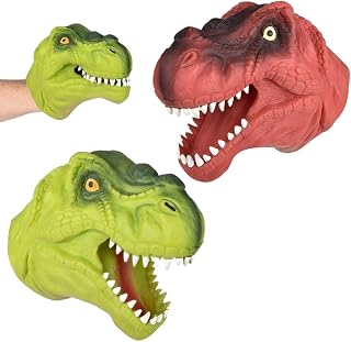 2 Pack Stretchy Dinosaur Hand Puppets - Realistic Soft Rubber T-Rex Toys | Green & Red Dino Party Favors, Classroom Storytelling, Kids Bath Roleplay Gifts, Outdoor Goodie Bags