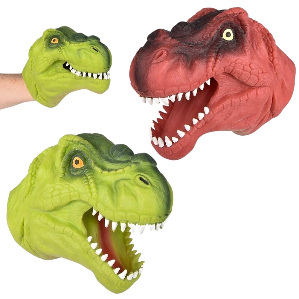 2 Pack Stretchy Dinosaur Hand Puppets - Realistic Soft Rubber T-Rex Toys | Green