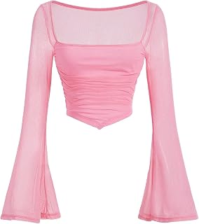 Verdusa Women's Contrast Mesh Ruched Square Neck Bell Sleeve Crop Tee Top T Shirt