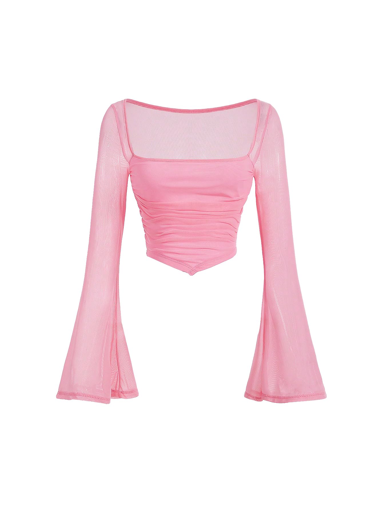 Verdusa Women's Contrast Mesh Ruched Square Neck Bell Sleeve Crop Tee Top T Shir