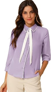 Women's Elegant Contrast Color Blouse 3/4 Sleeve Button Up Tie Neck Office Shirt