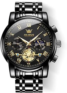 OLEVS Mens Two Tone Stainless Steel Quartz Chronograph Diamond Moon Phase Gold Dial Blue Black Waterproof Luminous Wrist Watch