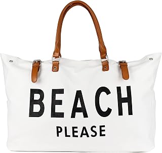 Lamyba Beach Bag with Vegan Leather Handle, Extra Large Beach Bag for Women Waterproof Sandproof, White