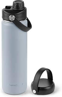ThermoProof Double-Walled Vacuum Insulated Stainless Steel Water Bottle - Wide Mouth with Chug & Spout Lids, Dishwasher Safe, Reusable, Leakproof, Hot & Cold for Men, Women & Kids - 22oz, Light Gray