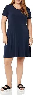 Amazon Essentials Women's Gathered Short Sleeve Crew Neck A-line Dress (Available in Plus Size)
