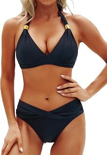 Yonique Women Two Piece Bathing Suits Push Up Bikini Set Halter Swimsuit Vintage Swimwear, Black Color, S