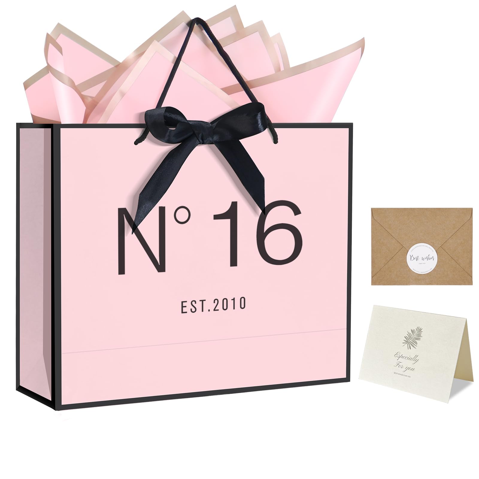 QLSKO 13" Birthday Gift Bag with Card Envelope Sticker Bow Ribbon and Tissue pap