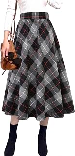 IDEALSANXUN Womens Plaid Wool Skirts Elastic Waist A-Line Pleated Tartan Long Skirts