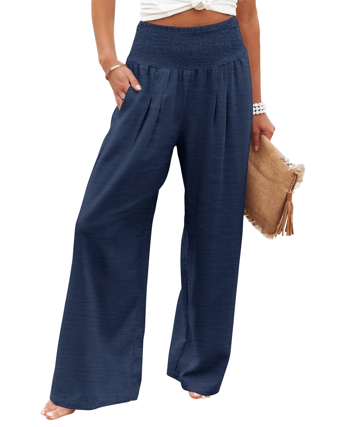 KISSMODA Women High Elastic Palazzo Pants Wide Leg Long Lounge Pants Casual Trou