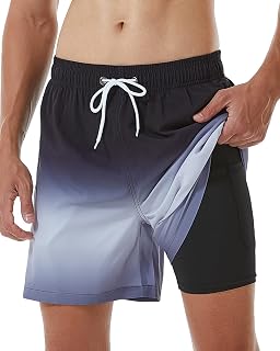 SILKWORLD Mens Swimming Trunks with Compression Liner and Zipper Pockets