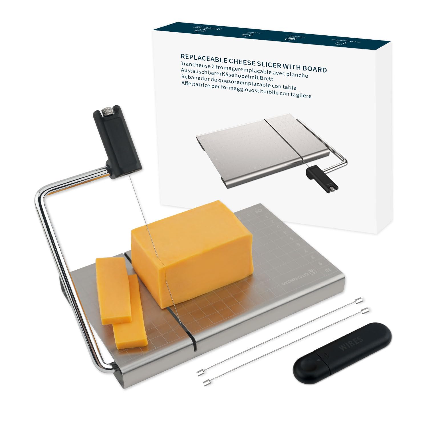 KITCHENDAO Replaceable Wire Cheese Slicer with Board and Measuring Grids,Tightne