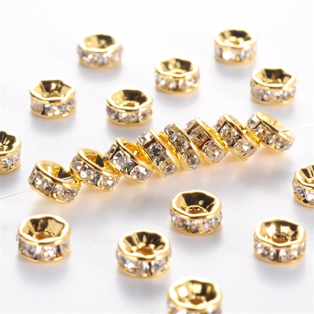 100Pcs Golden Plated Brass Flat Round Rhinestone Spacer Beads Rondelle Straight 