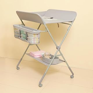 KARAOK Baby Changing Table with Wheels, Portable Diaper Changing Station with 4-Level Height Adjustment &amp; Storage Rack for Newborn, Infant(Light Grey)