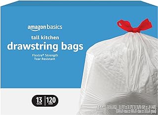 Amazon Basics 13 Gallon Flextra Strength Tall Kitchen Drawstring Trash Bags, Tear Resistant, 120 count