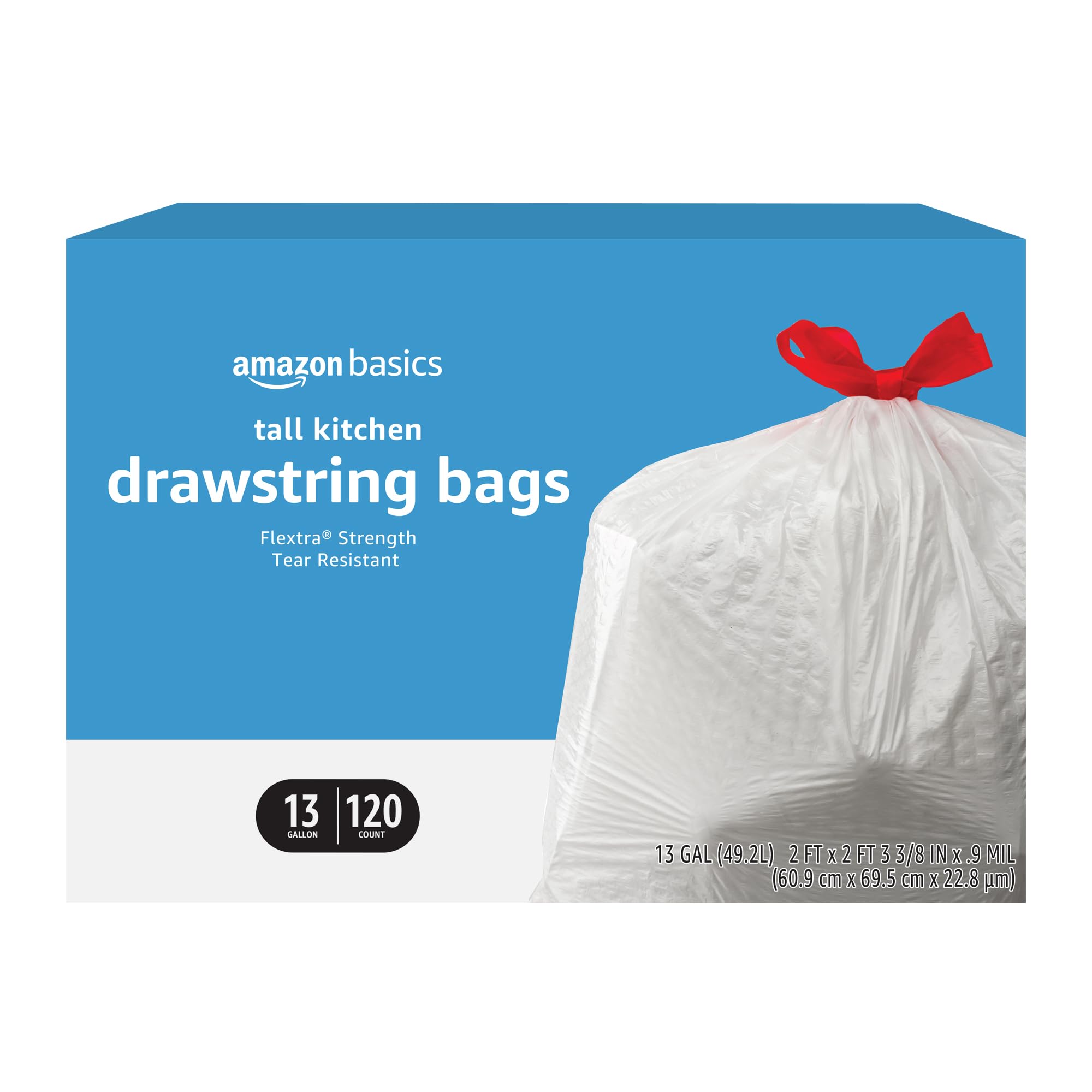 Amazon Basics 13 Gallon Flextra Strength Tall Kitchen Drawstring Trash Bags, Tea