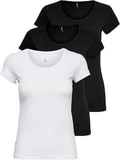 ONLY Pack of 3 Women's T-shirts in Black or White, Long and Short Sleeves, Basic T-shirts for Summer XS S M L XL 15209153