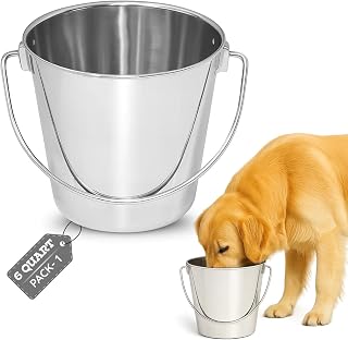 AASPIRE PETS 6 quart Heavy Duty Stainless Steel Round Bucket with Handle | 1.5 gal Sturdy Food & Water Bowl for XL Dogs Cats Goat sheep & Livestock | Fits kennel Crate Cage Farm | Hanging Utility Pail