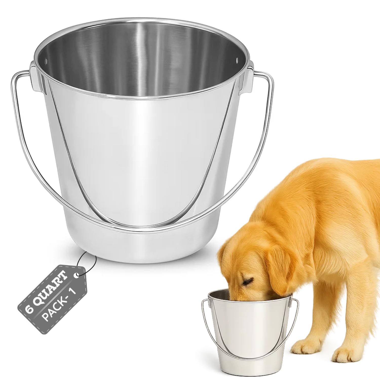 AASPIRE PETS 6 quart Heavy Duty Stainless Steel Round Bucket with Handle | 1.5 g