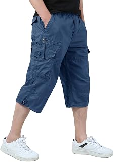 KEFITEVD 3/4 Casual Shorts for Man Elastic Waist Cotton Work Pants Outdoor Summer Cargo Shorts with Pockets