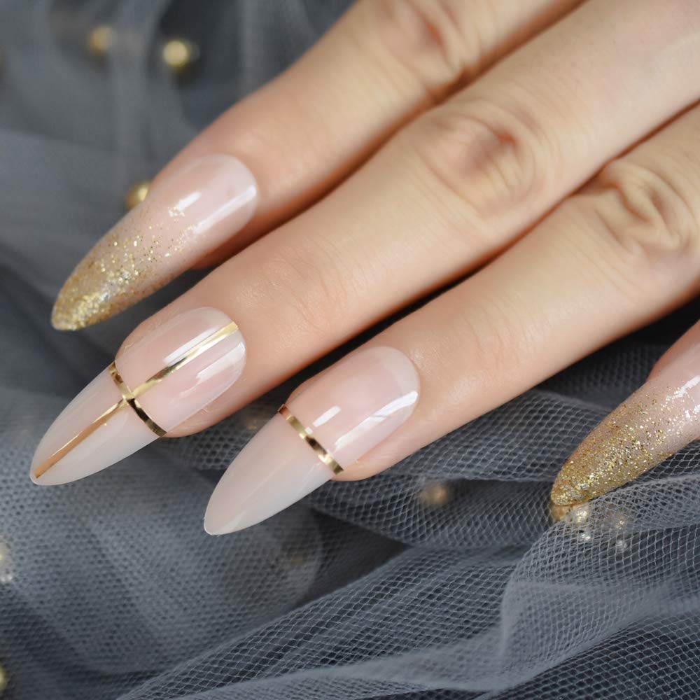 Shiny Nude Pink Pushing Nail Golden Glitter False Nail Long Stiletto Fake Nail A
