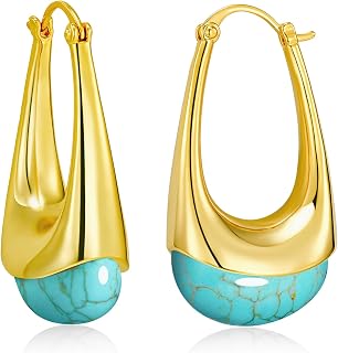 SNGIA Long Oval Chunky Dangle 18K gold plated Hoops with Colored Resin Gemstone Statement Earrings for Women by SNGIA, (Green, Brown, Blue, Pink, White, Cream), Bold Drop Handmade Exaggerated