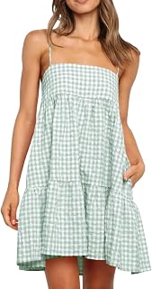 Womens Summer Plaid A-line Sleeveless Casual Flowy Mini Sundress