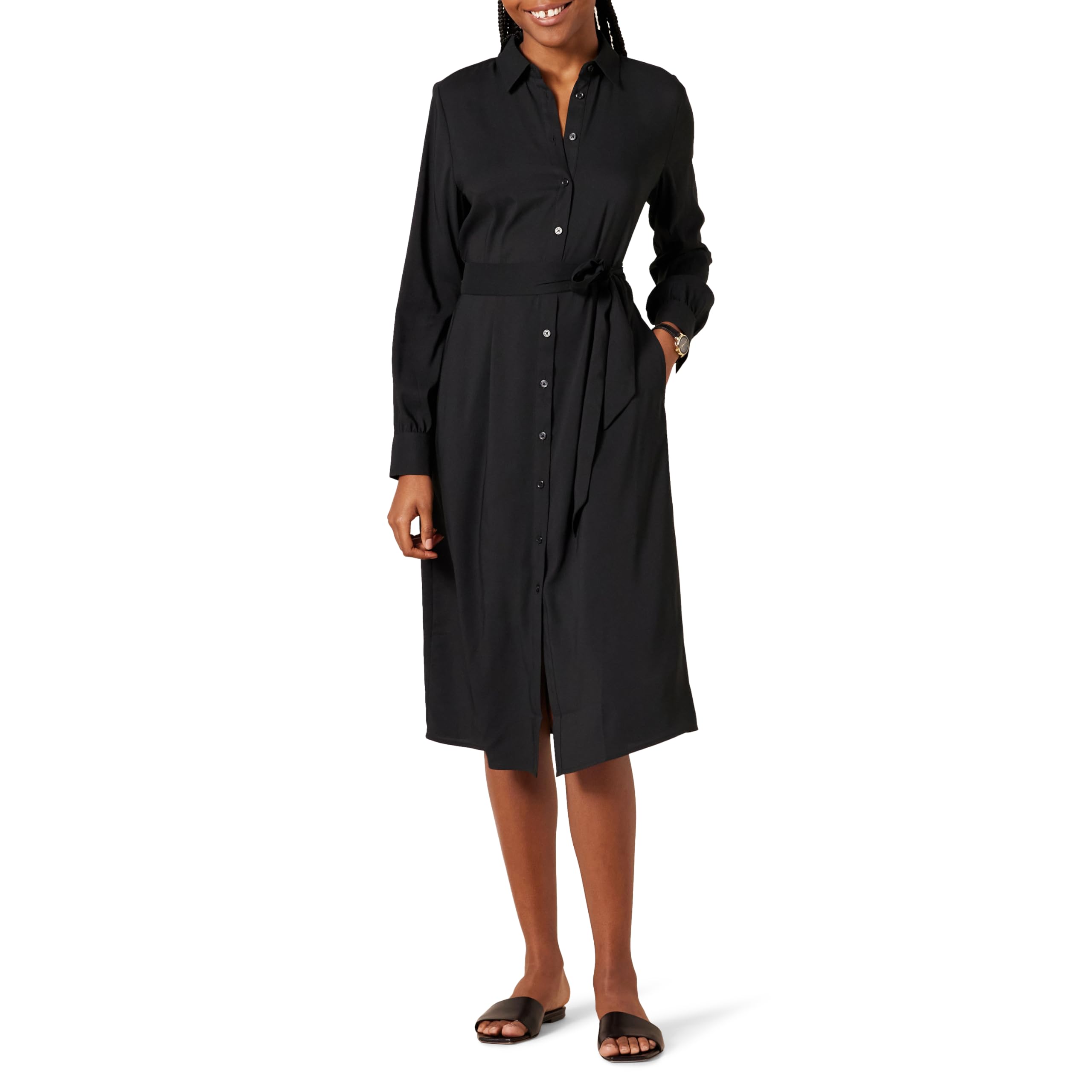 Amazon Essentials Women's Long-Sleeve Midi Shirt Dress for Work and Office