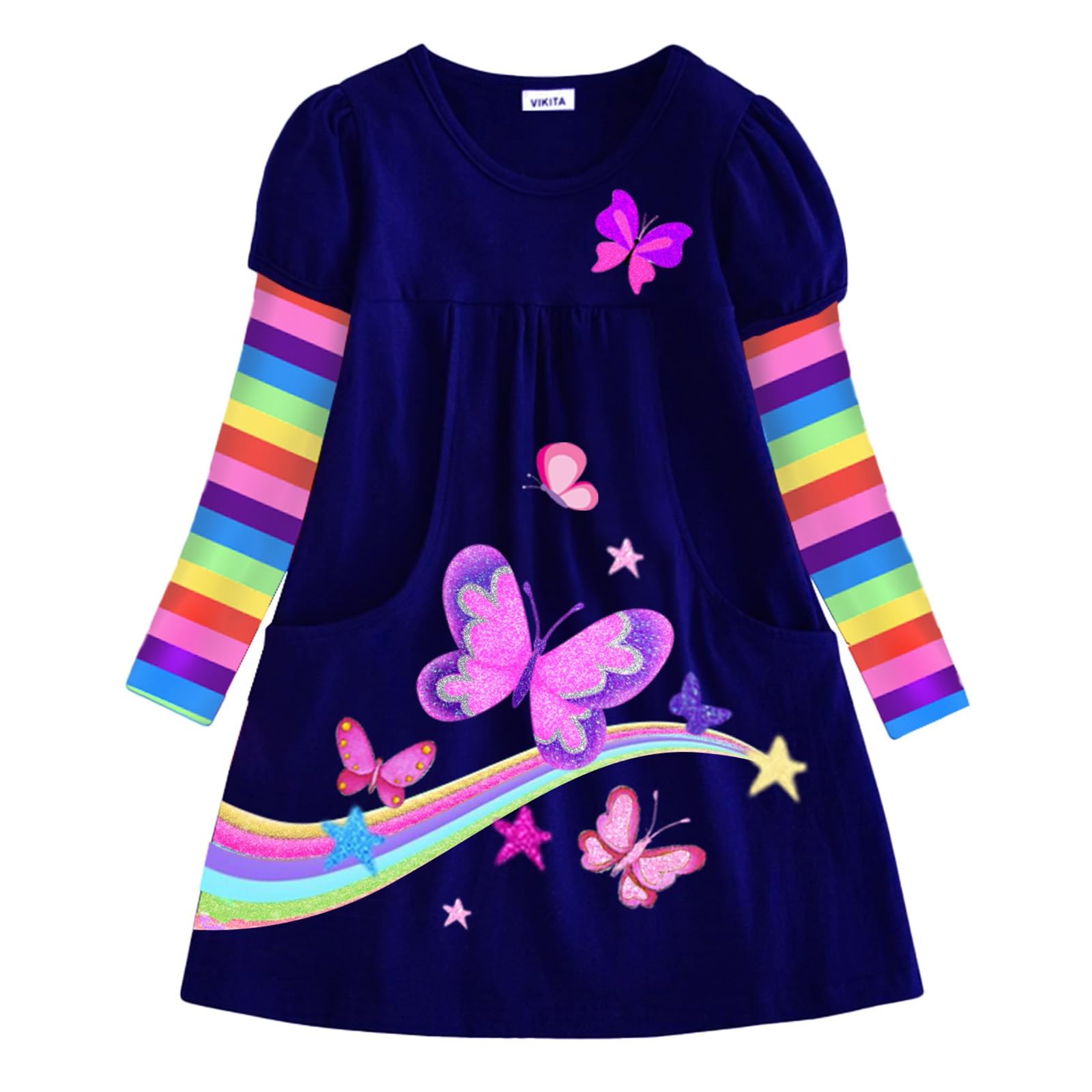 VIKITA Dress Stripe Cartoon Animal Loose Jersey T-Shirt Clothes Girl