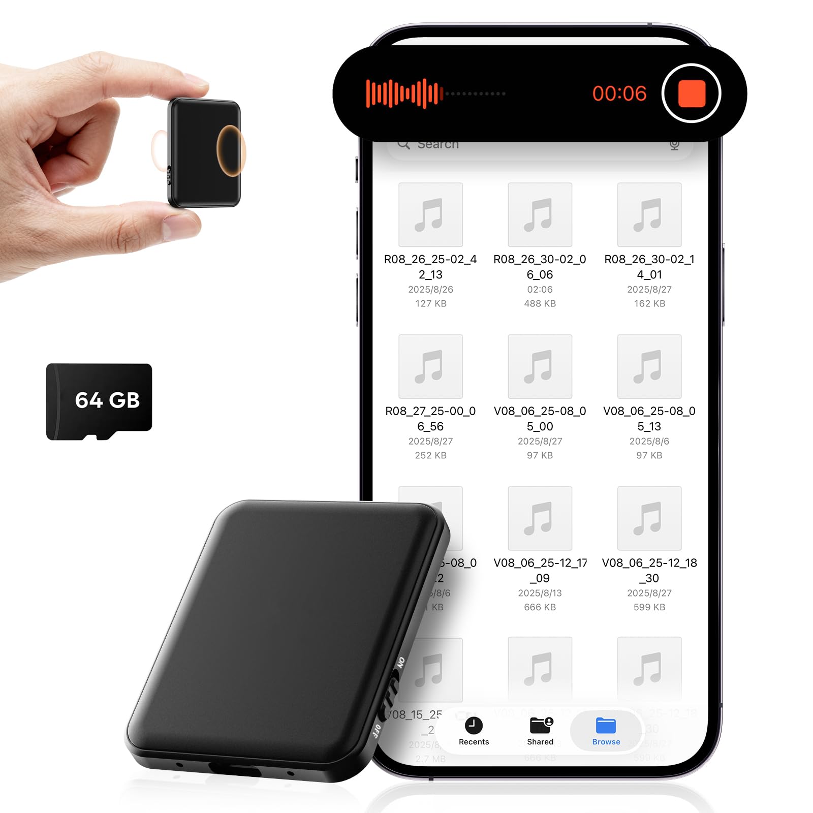 64GB Magnetic Voice Activated Recorder - Voice Recorder with Playback | Hypamute