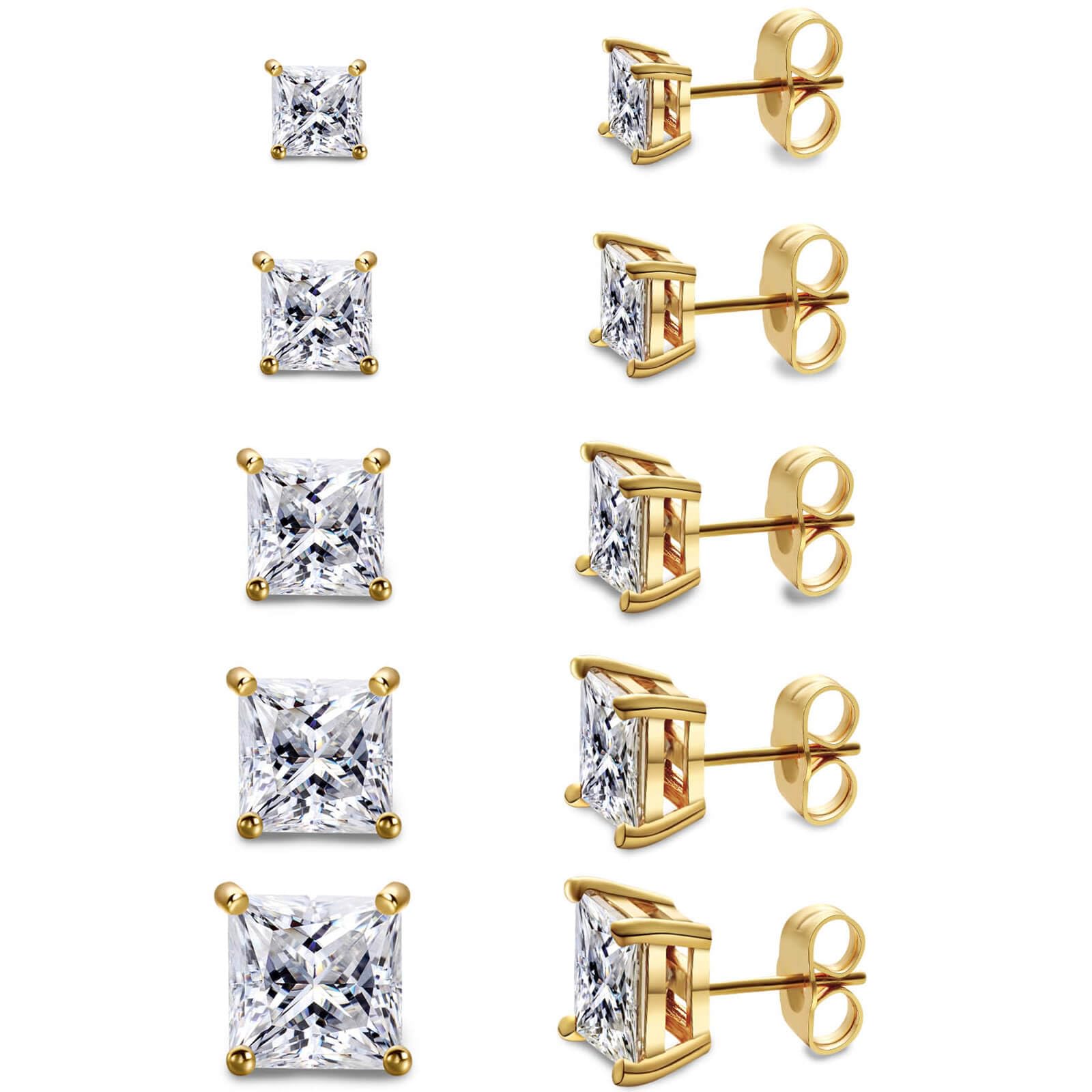 Gemsme 5 Pairs Princess Cut Cubic Zirconia Stud Earrings for Women/Men - 18K Gol