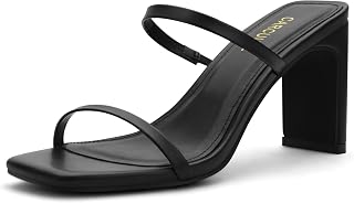 Carcuume Women's Block Heel Square Open Toe Two Strap Mule Sandals