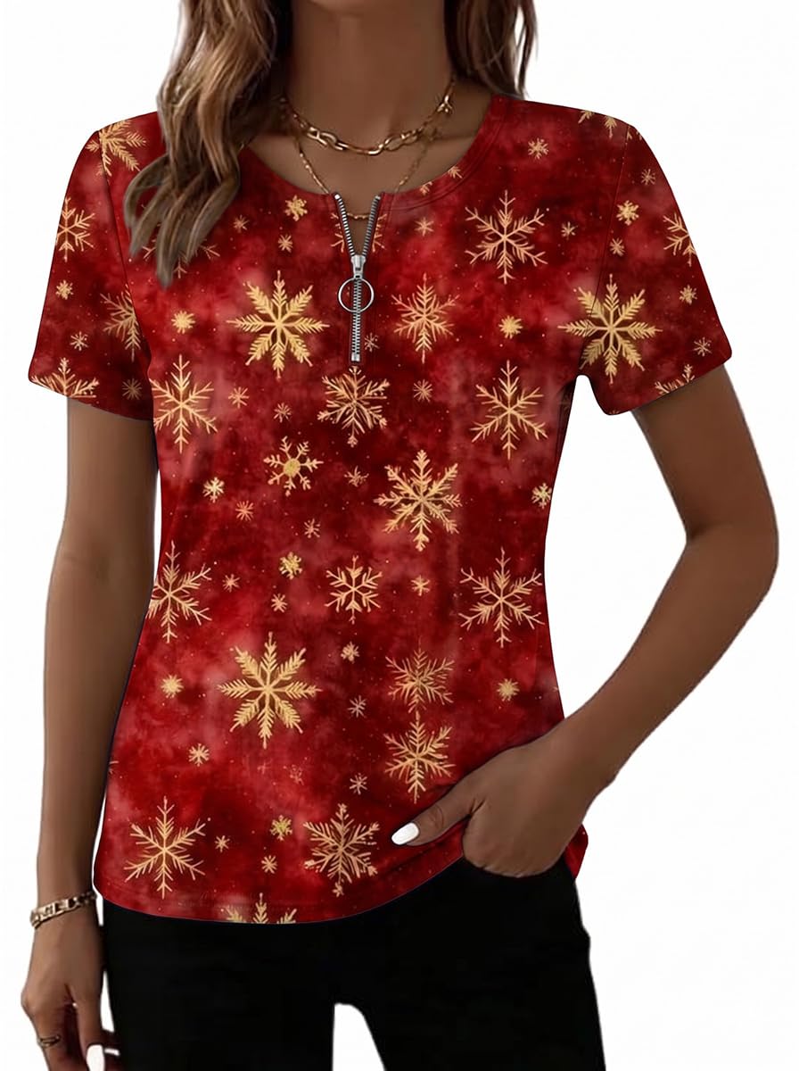 Women's Halloween Thanksgiving Quarter Zip Short Sleeve Casual Tops, Fall Theme