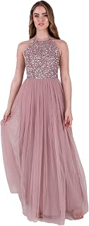 Maya Deluxe Womens Ladies Bridesmaid Maxi Dress Halter Neck Sequin Embellished Prom Graduation Wedding Bridesmaid Dress Women's