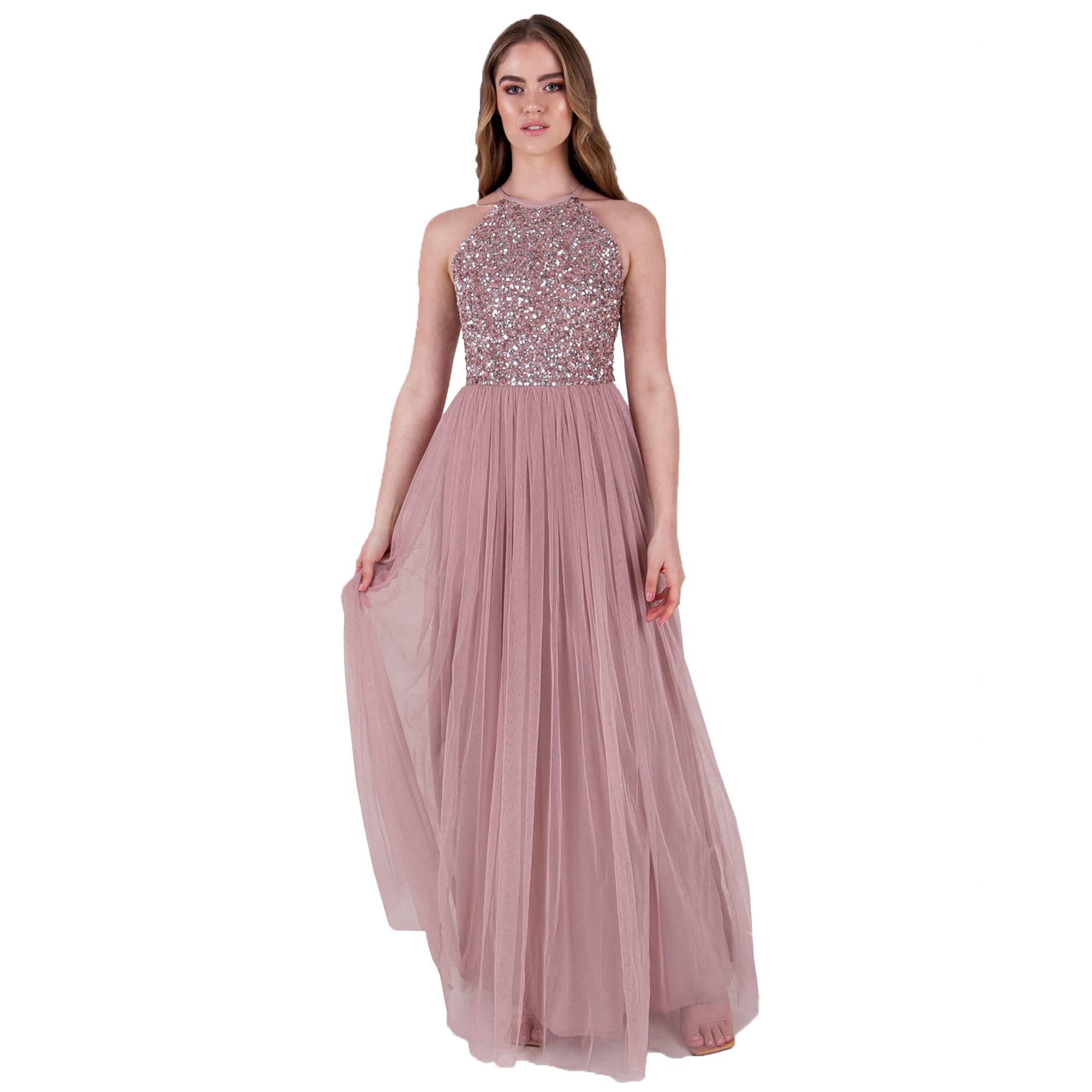 Maya Deluxe Womens Ladies Bridesmaid Maxi Dress Halter Neck Sequin Embellished P