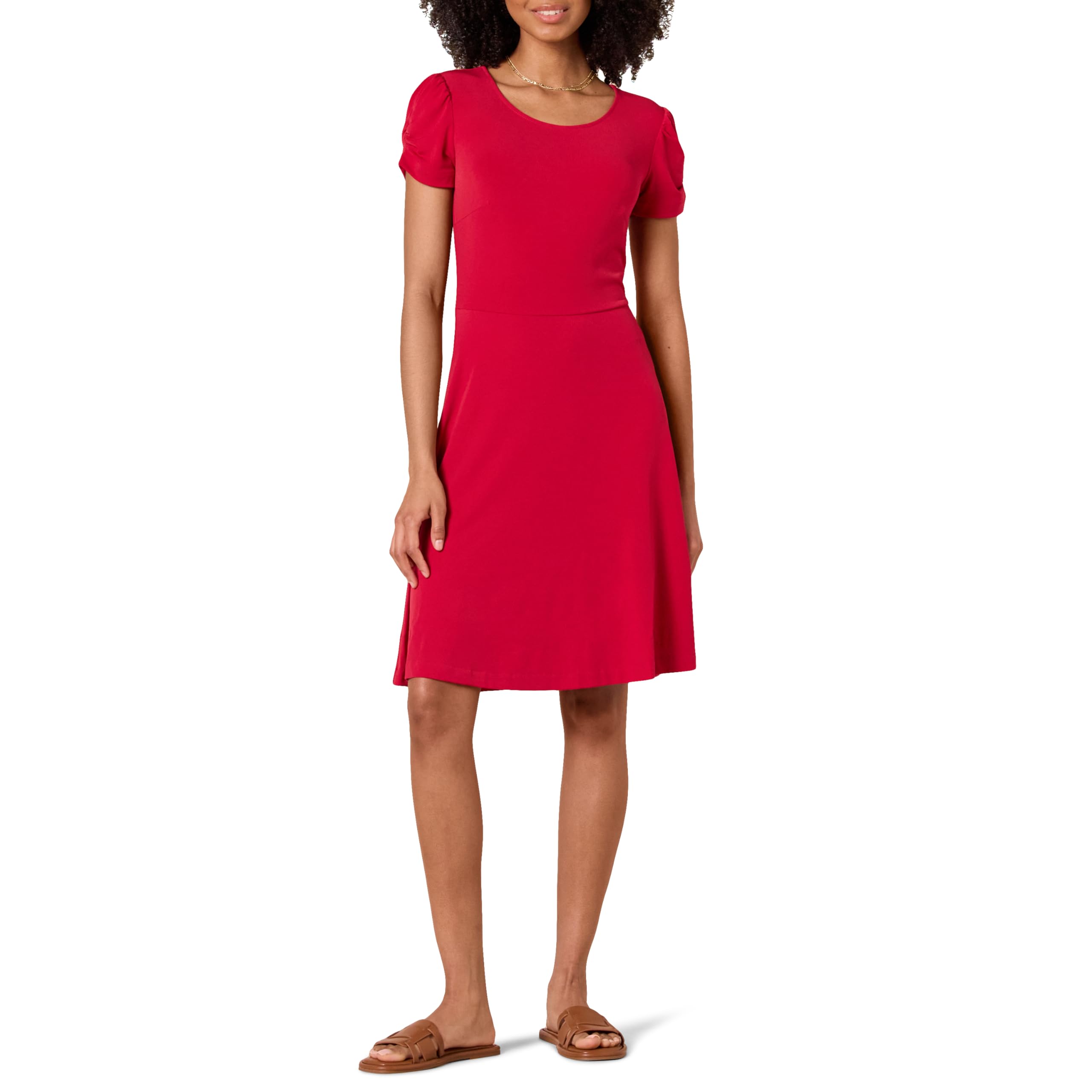 Amazon Essentials Women's Short Sleeve Round Neck Ruched A-Line Dress (Available