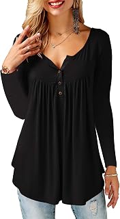 Beluring Women Casual V Neck Tops Long Sleeve Pleated Tunic Tops Shirts Blouse