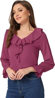 Allegra K Women Elegant Ruffle V Neck Sleeve Blouse for Business Work