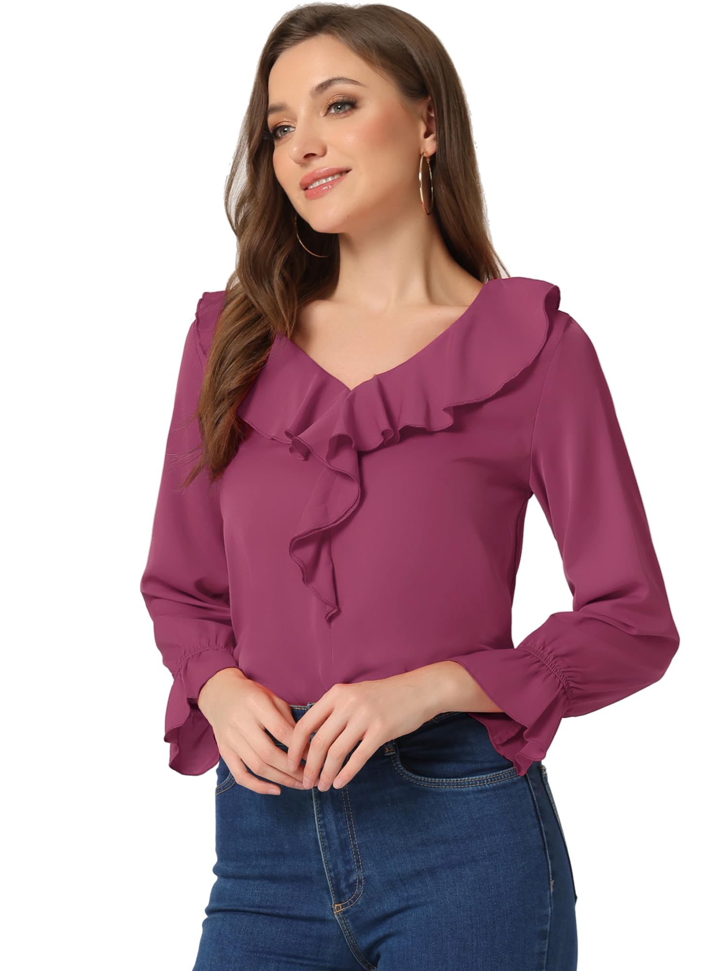 Allegra K Women Elegant Ruffle V Neck Sleeve Blouse for Business Work
