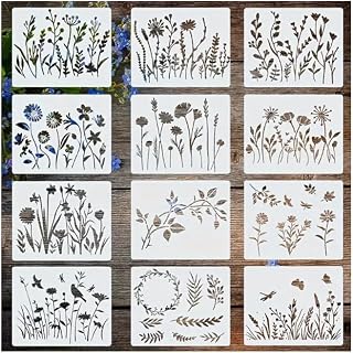 12 Pieces Flower and Plant Painting Templates - Hand Drawn Patterns - 15 x 12 cm - Perfect for Wall Furniture Wood, Glass, Canvas, Floor Tiles and Home Decor