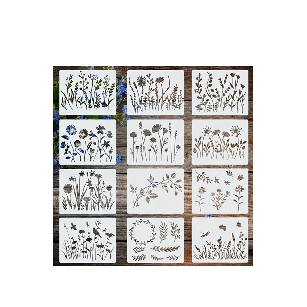 12 Pieces Flower and Plant Painting Templates - Hand Drawn Patterns - 15 x 12 cm