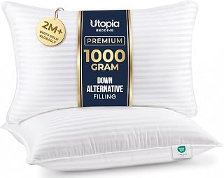 Utopia Bedding Hotel Bed Pillows for Sleeping, Pillows Queen size set of 2 | Down alternative pillows, cooling hotel quality, luxury comfort for back, side & stomach sleepers, Premium Stripes, White
