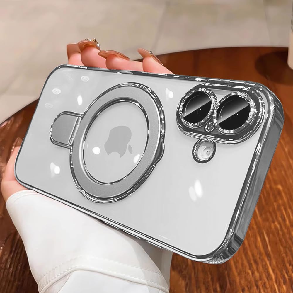 Clear for iPhone 16 Plus Case Magnetic Invisible Stand Built-in Camera Lens Prot