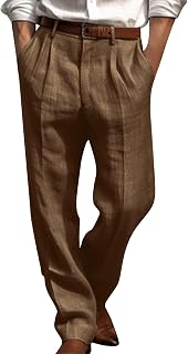 Ybing mens chinos pants long pleated loose pants with pocket casual straight leg solid color linen pants business pants vintage chino pants summer pants