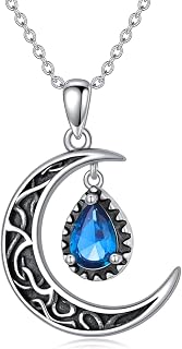 VONALA Crescent Moon Necklace Sterling Silver Emerald/Red/Purple/Black/Blue/Aquamarine/Moss Agate Celtic Moon Teardrop Necklace Celtic Jewelry Gifts for Women Girls Birthday