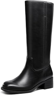 Coutgo Ladies Square Toe Wide Heel Comfort Low Heel Knee High Boots