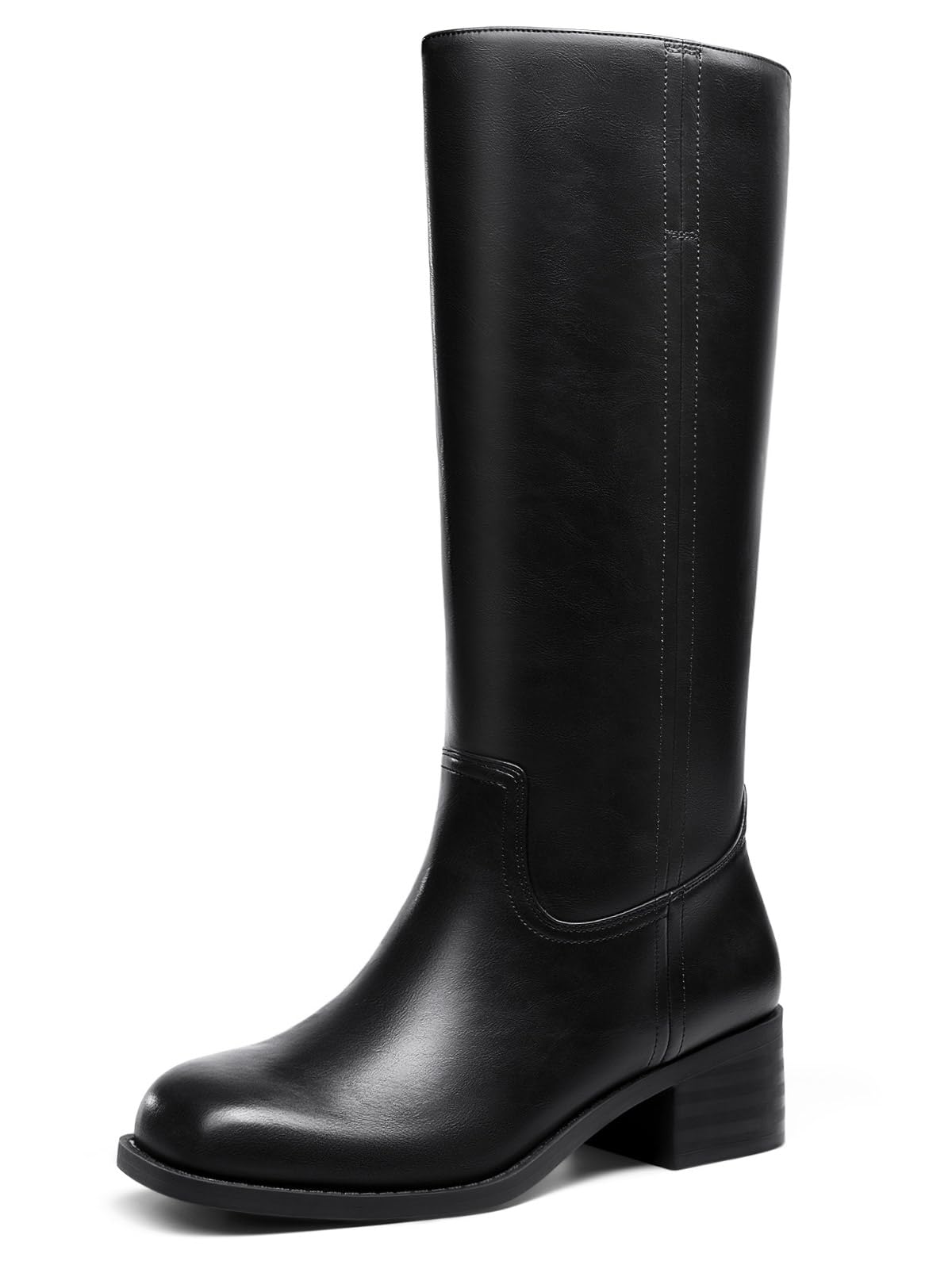 Coutgo Ladies Square Toe Wide Heel Comfort Low Heel Knee High Boots