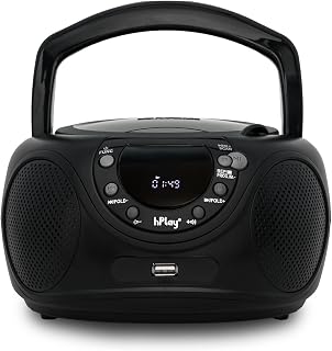 hPlay Portable CD Player Boombox Radio, Black | CD, CDR and MP3-CD, Digital FM Tuning Radio, Bluetooth, USB and Aux Line-In, Headphone Jack & Foldable Handle