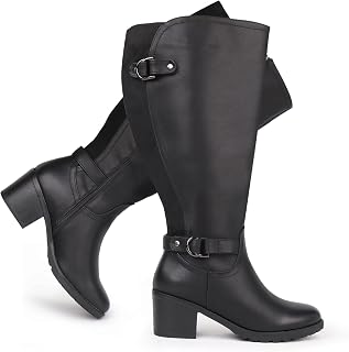 Ladies Riding Boots Wide Calf Knee High Block Heel Double Buckle Decor